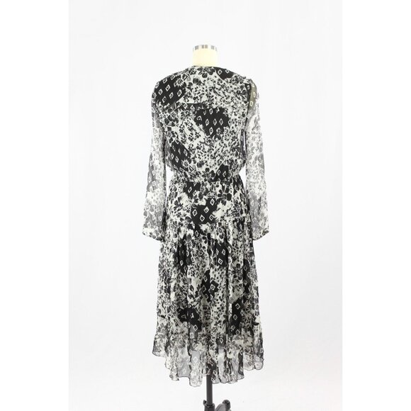 MASSIMO DUTTI Black White Floral Silk Crepe A-Line Midi Dress, Size 6 - Picture 3 of 16